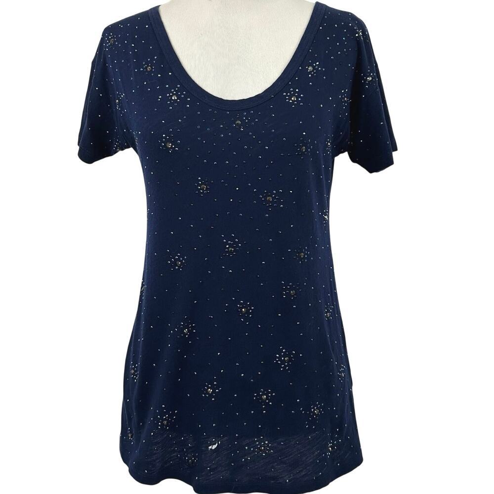 J Crew Beaded Tee Womens XS Navy Blue Embellished Sparkle Cotton Casual Top